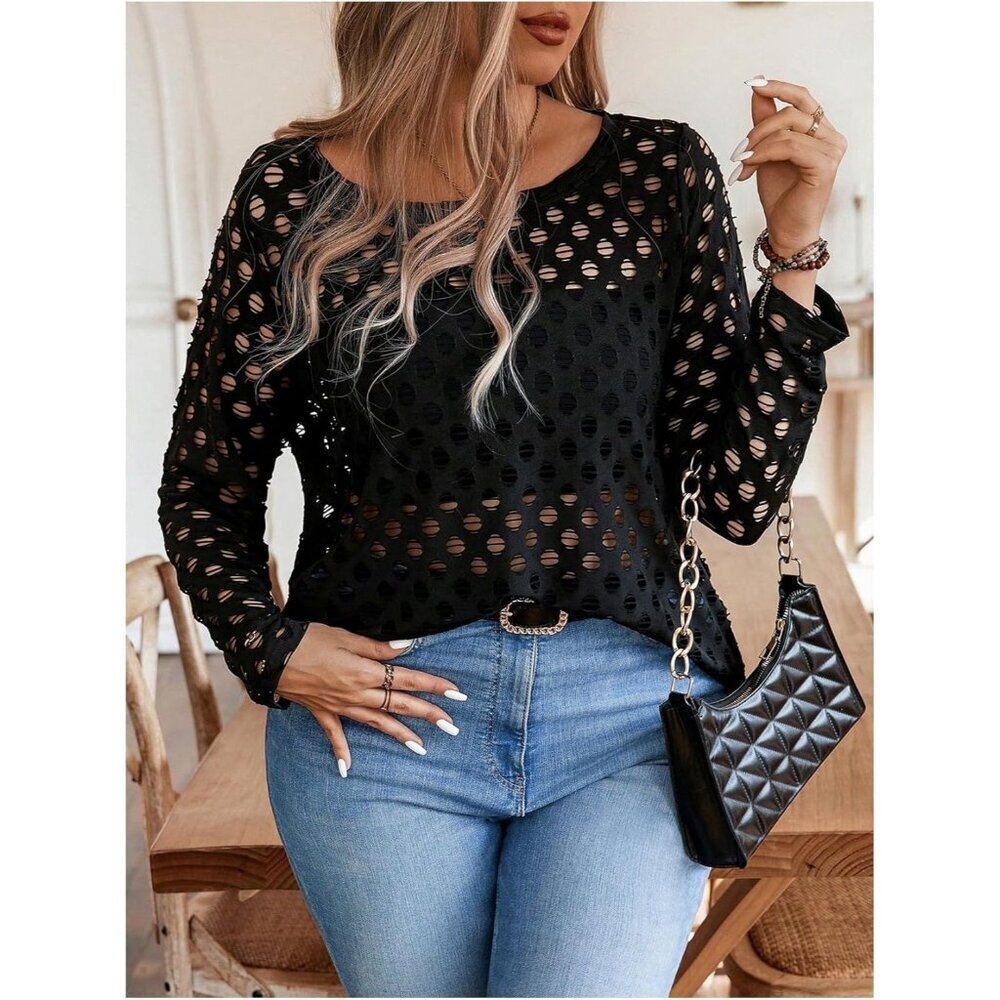 Women's Plus Size Sheer Knit Sweater Long Sleeve Casual or Going Out - Picture 5 of 5